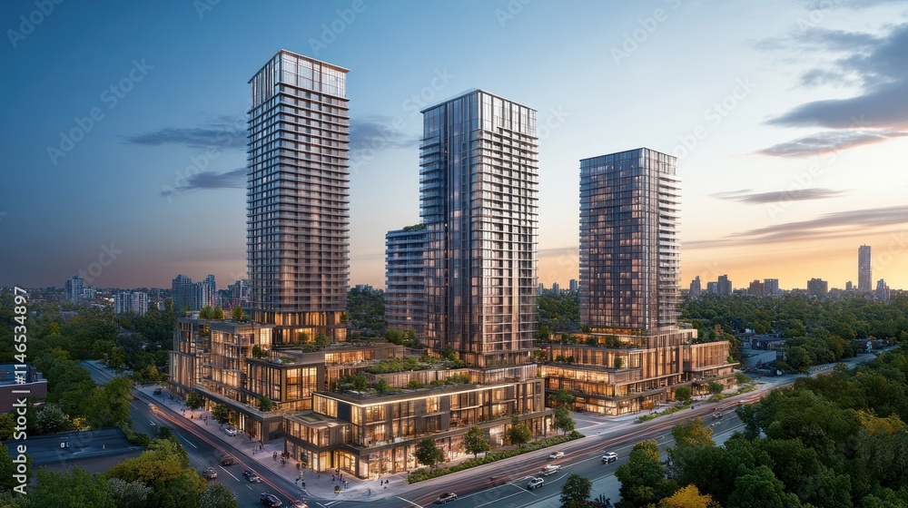 Poster modern architectural design featuring three high-rise buildings with greenery and urban setting.