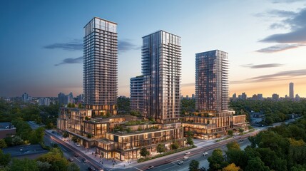 Fototapeta premium Modern architectural design featuring three high-rise buildings with greenery and urban setting.