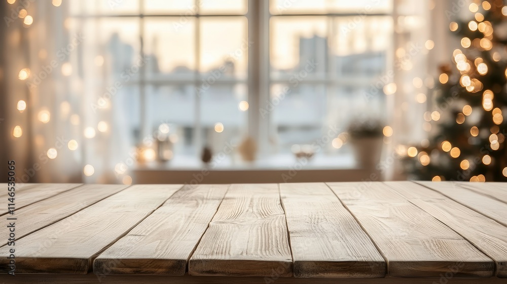 Poster empty wooden table top in front of a blurred festive background with soft lights and window view