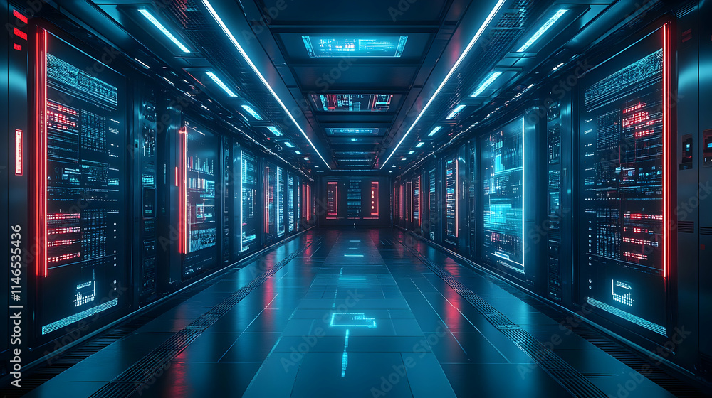 Poster futuristic data center corridor illuminated with neon lights and high-tech servers.