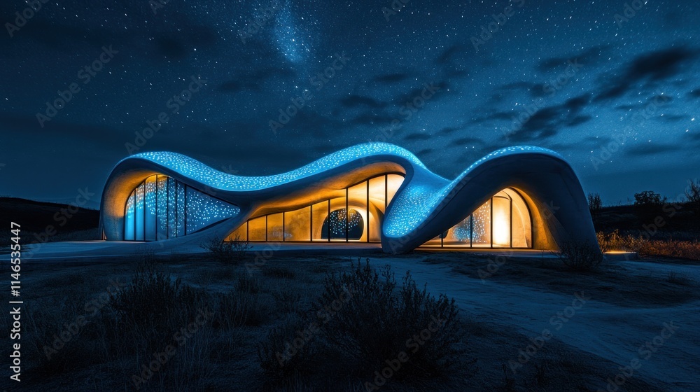 Poster modern architectural structure with flowing design illuminated at night under a starry sky.
