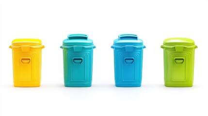 A set of garbage bins in vibrant shades of blue, green, and yellow, each with a different waste type label, isolated on a white background