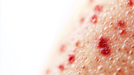 Fototapeta premium Detailed close-up of dry, flaky skin affected by eczema or dermatitis, showing redness and small cracks. The skin surface is uneven with rough, dry patches, emphasizing the harsh A