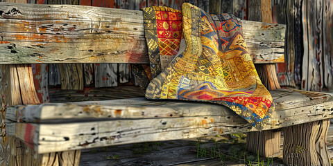 Multicolored Textile on Weathered Wooden Bench
