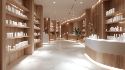 Modern Spa Interior with Wood Shelves and Marble Floors