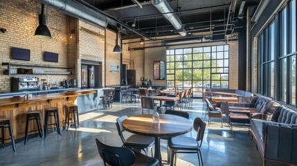 Naklejka premium modern industrial restaurant interior with exposed brick and lar