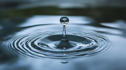 Single clear droplet with circular waves forming on a neutral water surface