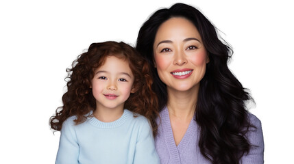 Family portrait featuring smiling mother and daughter on transparent background