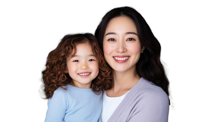 Smiling mother and daughter portrait on transparent background with joyful expressions