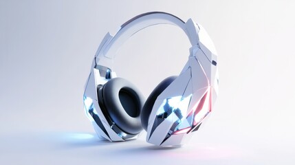 A futuristic design of wireless headphones featuring angular LED lighting patterns, standing out on a white background