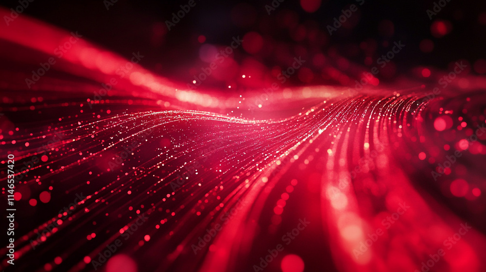 Poster vibrant red waves with glowing particles create a dynamic visual experience.