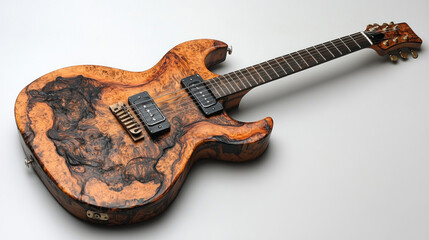 Fototapeta premium Unique electric guitar with a burnt wood body and a dark fretboard.