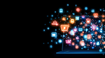A laptop interface showcasing a network of vibrant icons representing diverse digital functions, from data processing to AI algorithms, all interconnected to highlight the power of