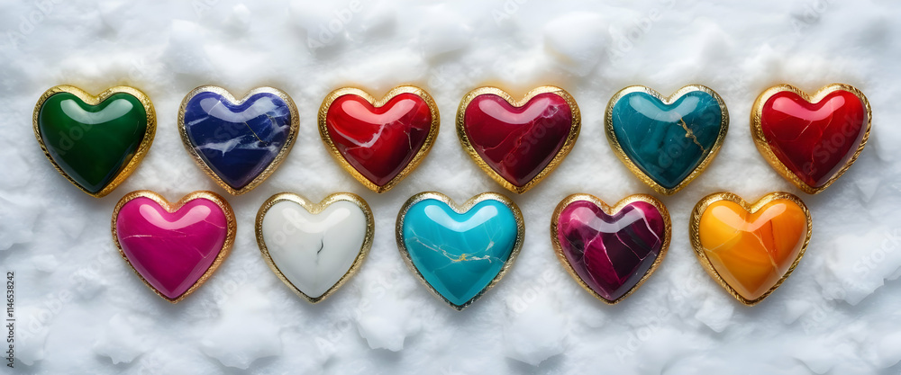 Poster ten heartshaped buttons, each a different vibrant gemstone color green, blue, red, etc., are display