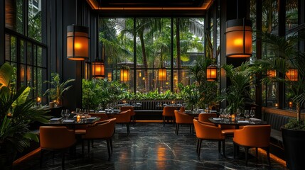 Naklejka premium Luxurious restaurant interior with tropical garden view, orange chairs, and warm lighting.
