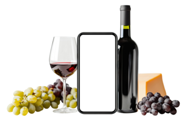 Stylish arrangement with wine, grapes, cheese and phone mockup, isolated on transparent cutout background