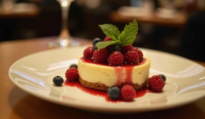 A gourmet dessert featuring a deconstructed cheesecake with fresh berries, mint leaves, and a drizzle of berry sauce, captured in a high-end restaurant setting with warm, elegant lighting