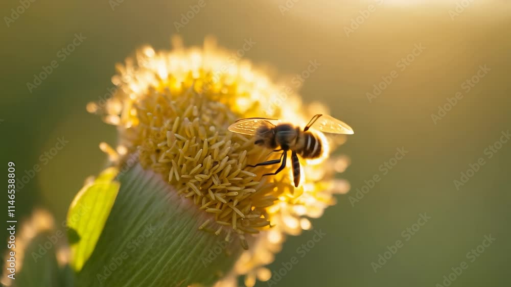 Aufkleber bee collecting nectar from flower during golden hour in a serene natural setting