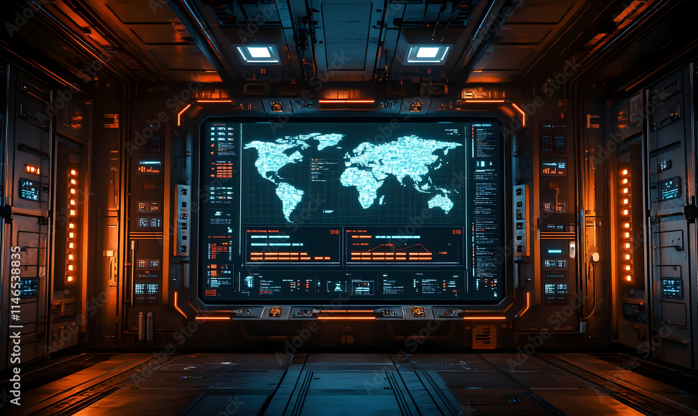 Poster futuristic control room with a world map display and high-tech interface.