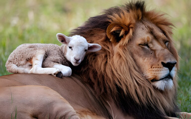 Fototapeta premium Lamb on the backrest of lion in the jungle 