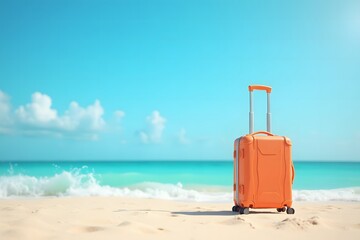 Vibrant Orange Rolling Suitcase on Pristine Beach