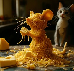 Spaghetti Mouse Eating Cheese Next to a Watching Cat, AI generated illustration.