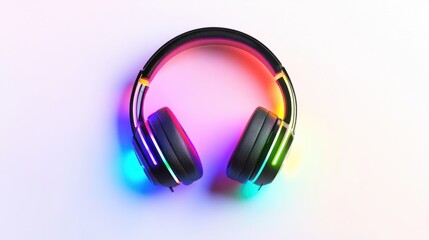 Futuristic wireless headphones with dynamic rainbow LED lighting around the ear pads, isolated on a clean white background
