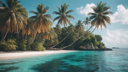 Obraz premium Tropical paradise beach with swaying palm trees and crystal-clear water in a serene environment