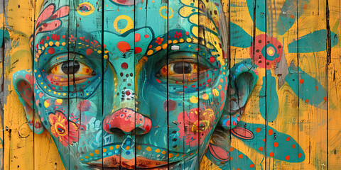 Painted Wooden Planks Mural of a Stylized Face
