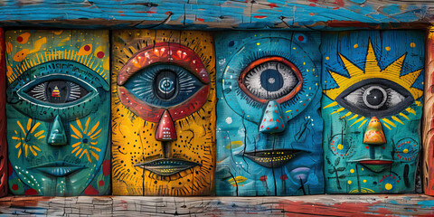 Fototapeta premium Quadruple Wooden Face Panel with Stylized Eyes