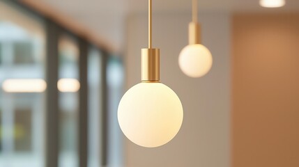 Elegant pendant lights hang from a ceiling, casting a warm glow in a modern interior space with large windows.