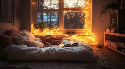 Fototapeta premium cozy bedroom with fairy lights and open book