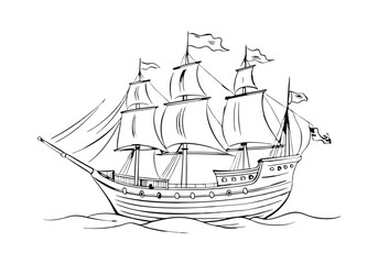 Minimalist Continuous Line Art of a Vintage Pirate Ship with Tall Masts and Sails in a Nautical Adventure Style