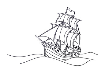 Minimalist Continuous Line Art of a Vintage Pirate Ship with Tall Masts and Sails in a Nautical Adventure Style