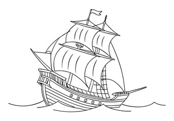 Minimalist Continuous Line Art of a Vintage Pirate Ship with Tall Masts and Sails in a Nautical Adventure Style