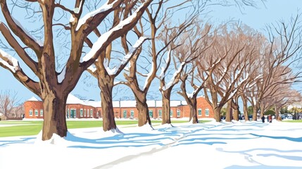 Fototapeta premium Snowy Day in Sapporo Featuring Leafless Trees and a Serene Winter Landscape