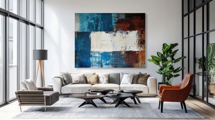 Modern living room with stylish furniture and abstract art.