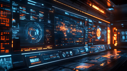 Fototapeta premium A futuristic control room filled with illuminated screens and data displays.