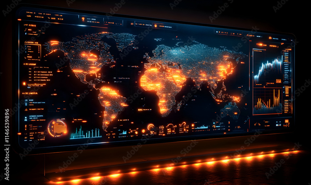 Poster a futuristic digital world map displaying data analytics and statistics.