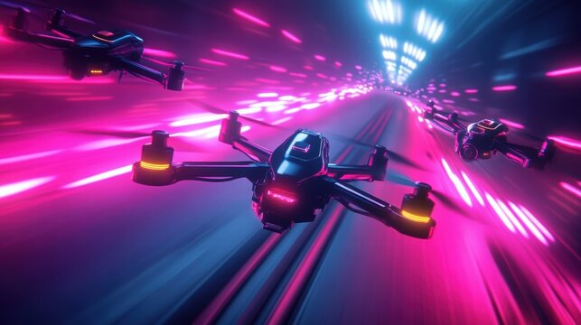 futuristic drone race in neon city