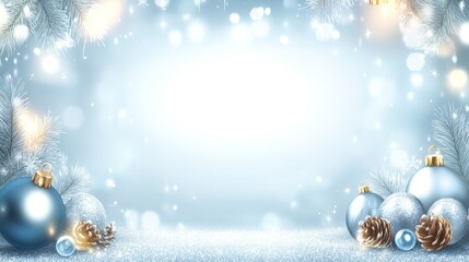 Glittering Christmas Background with Blue Ornaments and Pine Cones in a Winter Wonderland Setting