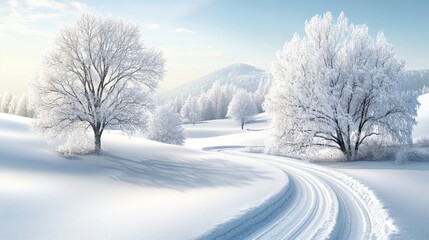Obraz premium Serene Winter Landscape with Snowy Trees and Gentle Curved Pathway Under Bright Blue Sky