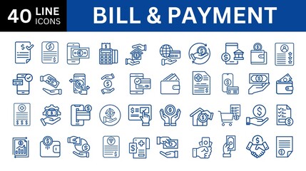 Bil and Payment line icon set. Outline bil and payment method symbols. Money transfer. Banking, credit card, cash and transaction symbol. Vector illustration