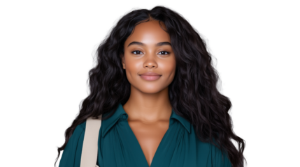 Professional woman with long hair wearing green top on transparent background