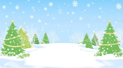 Fototapeta premium Festive Winter Landscape with Snow-Covered Trees and Snowflakes Against a Blue Sky