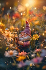 Fototapeta premium Cute little gnome spirit in Spring garden with flowers