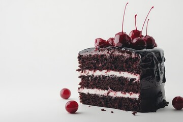 Delicious chocolate cake slice with cherries and cream.