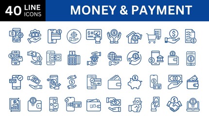 Set of 40 outline icons related to payment and payment methods. Linear icon collection. Editable stroke. Vector illustration