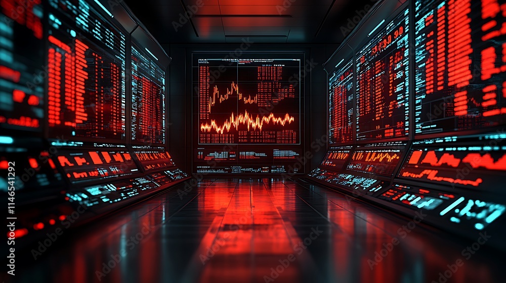 Poster digital data flow: a futuristic, red-lit server room pulsates with the intensity of data streams.