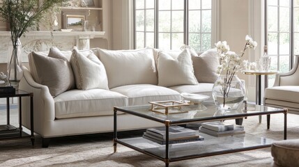 Fototapeta premium elegant living room with cream sofa and glass coffee table